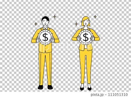為替差益やドル高のイメージ、スーツ姿の男性と女性のシンプルな線画イラスト 111051310