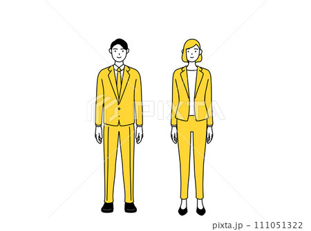 手を体の正面で組むスーツ姿の男性と女性のシンプルな線画イラスト 手を体の正面で組むスーツ姿の男性と女性のシンプルな線画イラスト 111051322