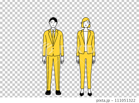 手を体の正面で組むスーツ姿の男性と女性のシンプルな線画イラスト 手を体の正面で組むスーツ姿の男性と女性のシンプルな線画イラスト 111051322