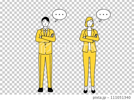 腕を組んで考えるスーツ姿の男性と女性のシンプルな線画イラスト 111051340