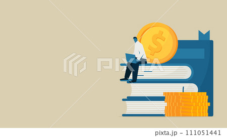 本の上でノートパソコンを使う男性。本の周りにはドルコインがあります。 本の上でノートパソコンを使う男性。本の周りにはドルコインがあります。 111051441