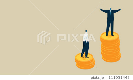積み上げられたドルコインの上に立つ二人の男性。 111051445