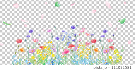 春天花園的水彩插圖,開滿了各種花朵。 (向量。佈局可以更改) 春天花園的水彩插圖,開滿了各種花朵。 (向量。佈局可以更改) 111051581
