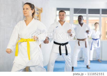 Multinational students repeat position and perform sequence of punches and painful techniques kata 111052331