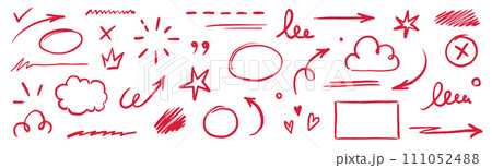 Line text highlight, red hand drawn pen brush marker vector. Line text underline, emphasis, star, arrow mark element. Hand drawn stroke, crown, love heart, pencil swoosh shape. Vector 111052488