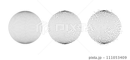 Set of dotted spheres with dissolve effect. Stipple disintegrating circle collection. Halftone textured balls with noise dot work grain. Radial grunge particles. Dot sphere element bundle. Vector pack 111053409