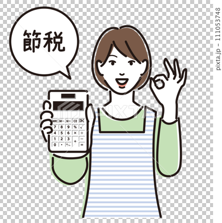 A housewife holding a calculator and giving an okay sign 111053748