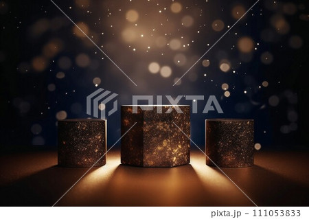 こげ茶色と青のグラデーション背景に金色ラメ入りの三つの展示台がある夜のテンプレート。AI生成画像 111053833