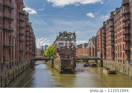 Hamburg Germany time lapse, city skyline at Speicherstadt and canal Hamburg Germany time lapse, city skyline at Speicherstadt and canal 111053864