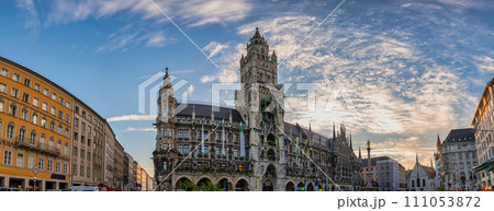 Munich (Munchen) Germany, panorama sunrise city skyline at Marienplatz new Town Hall Square 111053872