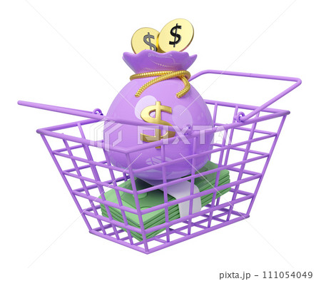 basket money with bag, coin dollar isolated. economic movements or business finance concept, 3d illustration render basket money with bag, coin dollar isolated. economic movements or business finance concept, 3d illustration render 111054049