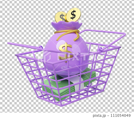 basket money with bag, coin dollar isolated. economic movements or business finance concept, 3d illustration render basket money with bag, coin dollar isolated. economic movements or business finance concept, 3d illustration render 111054049