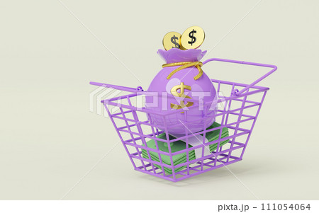 basket money with bag, coin dollar isolated. economic movements or business finance concept, 3d illustration render basket money with bag, coin dollar isolated. economic movements or business finance concept, 3d illustration render 111054064