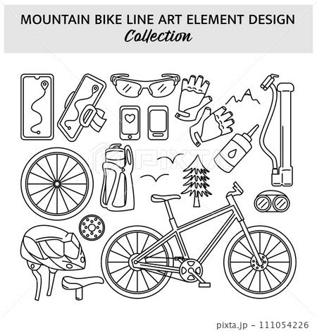 Set of Mountain Bike equipment hand drawn vector illustration. Sports icon design template. Set of Mountain Bike equipment hand drawn vector illustration. Sports icon design template. 111054226
