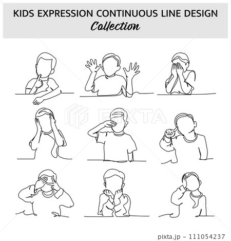 Set of kids expression continuous line. Vector illustration of minimalist style on a white background. 111054237