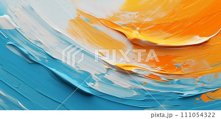 油絵抽象背景横長バナー)青緑・白・オレンジの立体的なカーブ。AI生成画像 油絵抽象背景横長バナー)青緑・白・オレンジの立体的なカーブ。AI生成画像 111054322