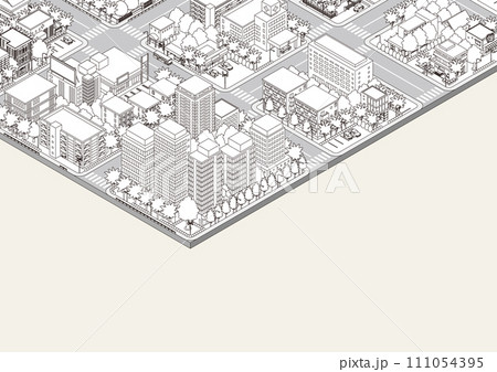 街並みの立体図. 都市の景観. 線画のイラスト. 街並みの立体図. 都市の景観. 線画のイラスト. 111054395
