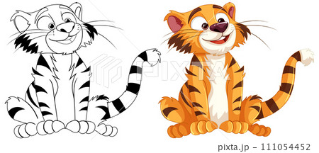 Cheerful Tiger Illustrations in Color and Outline 111054452