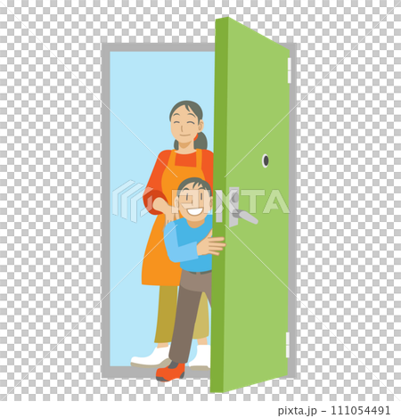 父母和孩子開門互相歡迎的插圖 父母和孩子開門互相歡迎的插圖 111054491