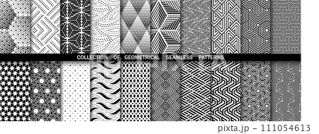 Geometric set of seamless black and white patterns. Simple vector graphics Geometric set of seamless black and white patterns. Simple vector graphics 111054613