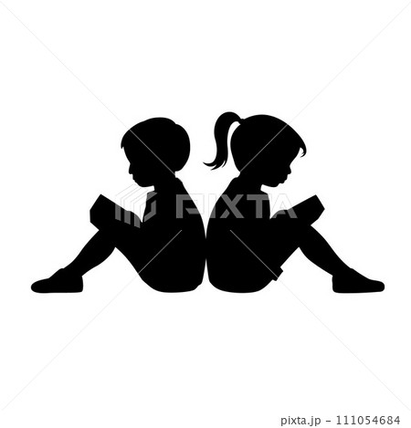 Little boy and little girl reading book silhouette, love reading, kids reading books 111054684