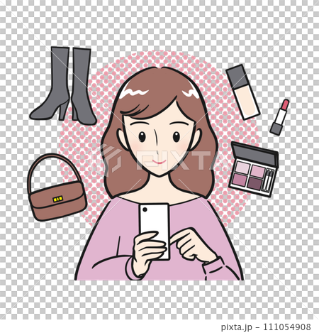 スマホでオンラインショッピングを楽しむ若い女性（背景あり） 111054908