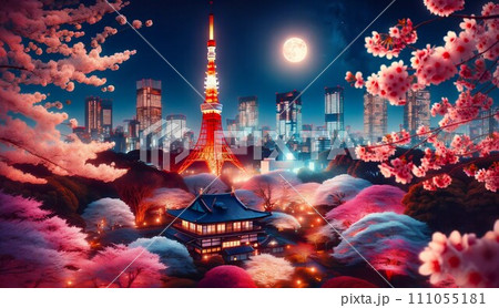 東京タワーと夜桜 東京タワーと夜桜 111055181