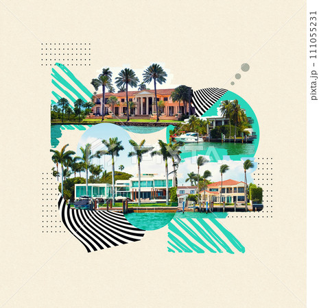 Luxurious mansion in Miami Beach, florida, U.S.A Creative contemporary art collage or design. 111055231