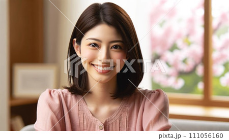 カメラ目線で微笑む若い女性 カメラ目線で微笑む若い女性 111056160