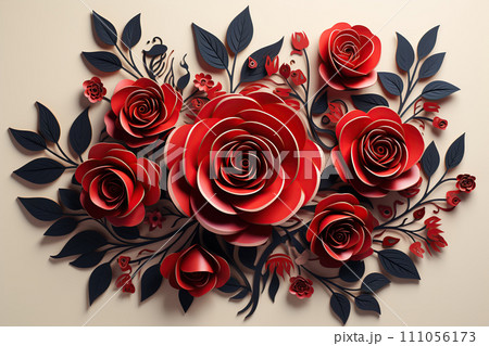 3d render of red roses with black leaves on a beige background. Generative AI 3d render of red roses with black leaves on a beige background. Generative AI 111056173