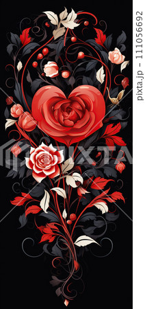 Valentine's Day card with red heart and flowers on black background. Generative AI Valentine's Day card with red heart and flowers on black background. Generative AI 111056692