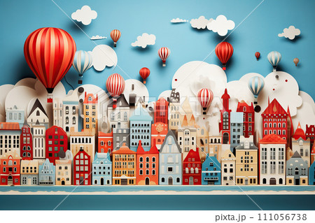 Cityscape with colorful hot air balloons. Paper art and craft style. Generative AI 111056738