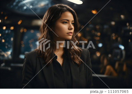 Girl in Black Blazer with Straight Brown Hair, Gazing at Earth from Outer Space Girl in Black Blazer with Straight Brown Hair, Gazing at Earth from Outer Space 111057065