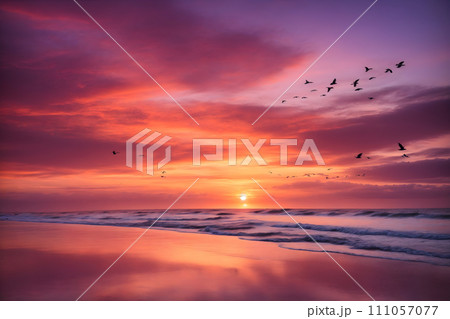 Tranquil Sunset: A Canvas of Orange, Pink, and Purple Over the Calm Ocean 111057077