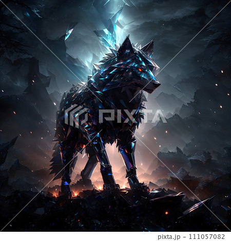 Majestic Wolf's Eerie Silhouette with Piercing Glowing Eyes in Dark Forest 111057082