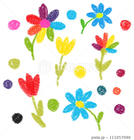 Hand-drawn flowers and dots. White background. Rainbow daisy. Red tulip. For textiles and fabric 111057090