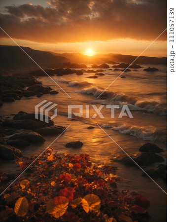 California Poppies Adorning a Scenic Craggy Coastline 111057139