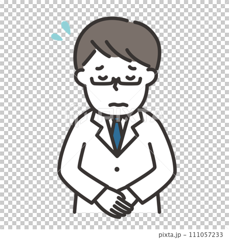 Illustration of a man wearing a white coat apologizing with a troubled face Illustration of a man wearing a white coat apologizing with a troubled face 111057233