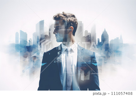 Urban Ambition - Double Exposure Portrait of a Business Man and the Dynamic Cityscape Urban Ambition - Double Exposure Portrait of a Business Man and the Dynamic Cityscape 111057408