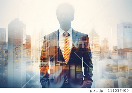 Urban Ambition - Double Exposure Portrait of a Business Man and the Dynamic Cityscape Urban Ambition - Double Exposure Portrait of a Business Man and the Dynamic Cityscape 111057409