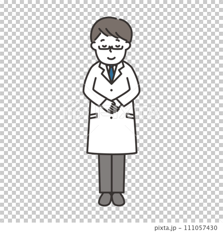Full body illustration of a man wearing a white coat bowing with a smile Full body illustration of a man wearing a white coat bowing with a smile 111057430