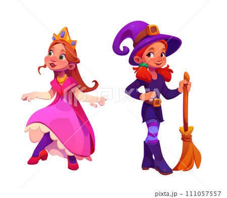 Cute girls in princess and witch costumes 111057557