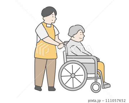 男性介護士と車椅子に乗った高齢女性 111057652