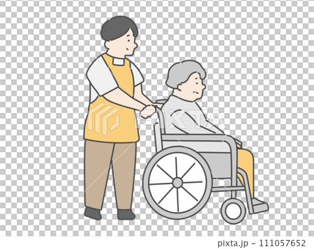 男性介護士と車椅子に乗った高齢女性 111057652