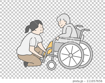 女性介護士と車椅子に乗った高齢女性 女性介護士と車椅子に乗った高齢女性 111057656