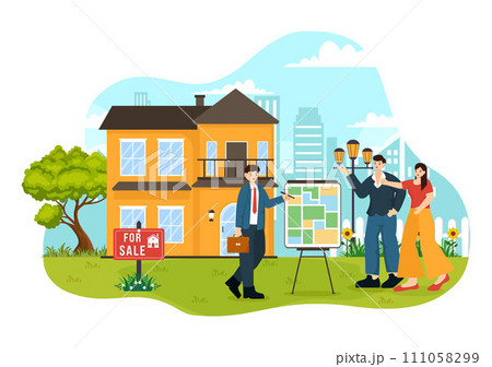 Land Broker Vector Illustration with Bridging Investors or Buyers and Sellers Agent for Buy, Rent and Sell Property in Flat Cartoon Background 111058299