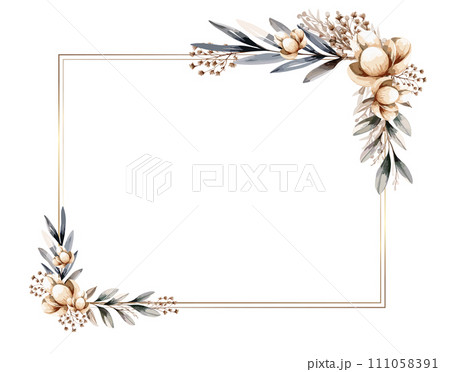 シックな草花と金色の線の長方形のフレーム。水彩画風のベクターイラスト シックな草花と金色の線の長方形のフレーム。水彩画風のベクターイラスト 111058391