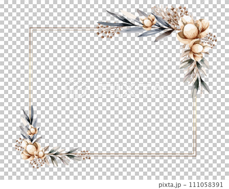Rectangular frame with chic flowers and golden lines. Vector illustration in watercolor style Rectangular frame with chic flowers and golden lines. Vector illustration in watercolor style 111058391