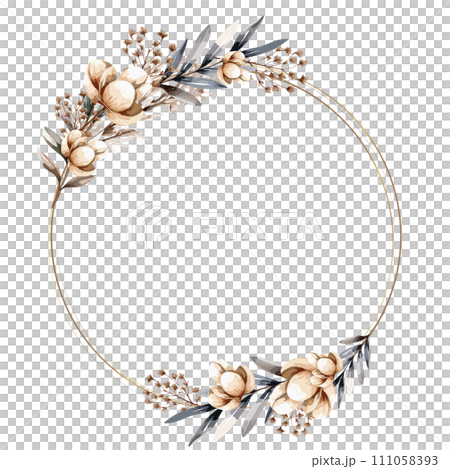 Round frame with chic flowers and golden lines. Vector illustration in watercolor style 111058393