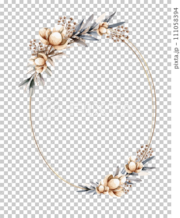 Oval frame with chic flowers and golden lines. Vector illustration in watercolor style 111058394